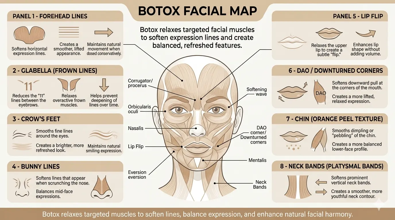 A detailed Botox facial map illustrating targeted areas for treatment to enhance natural facial harmony.