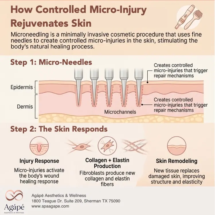 A diagram illustrating how microneedling creates micro-injuries to rejuvenate skin by stimulating healing processes.