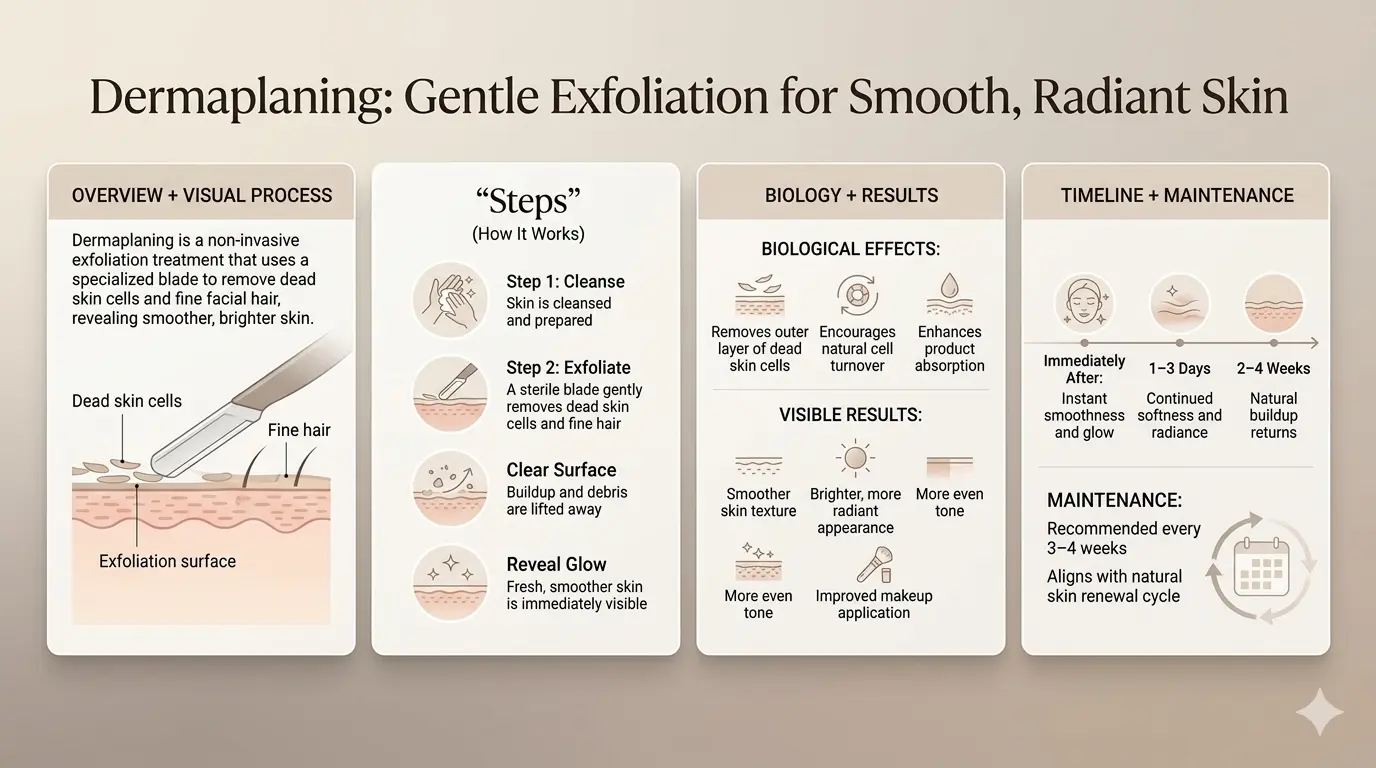 A visual guide explaining the steps and benefits of the dermaplaning exfoliation treatment.
