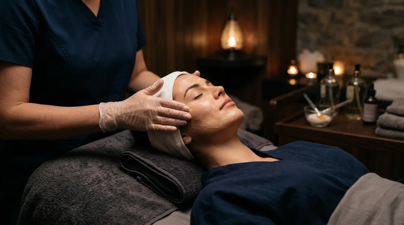 An aesthetician performing the Glo On The Go refresh facial on a client in a serene spa setting.