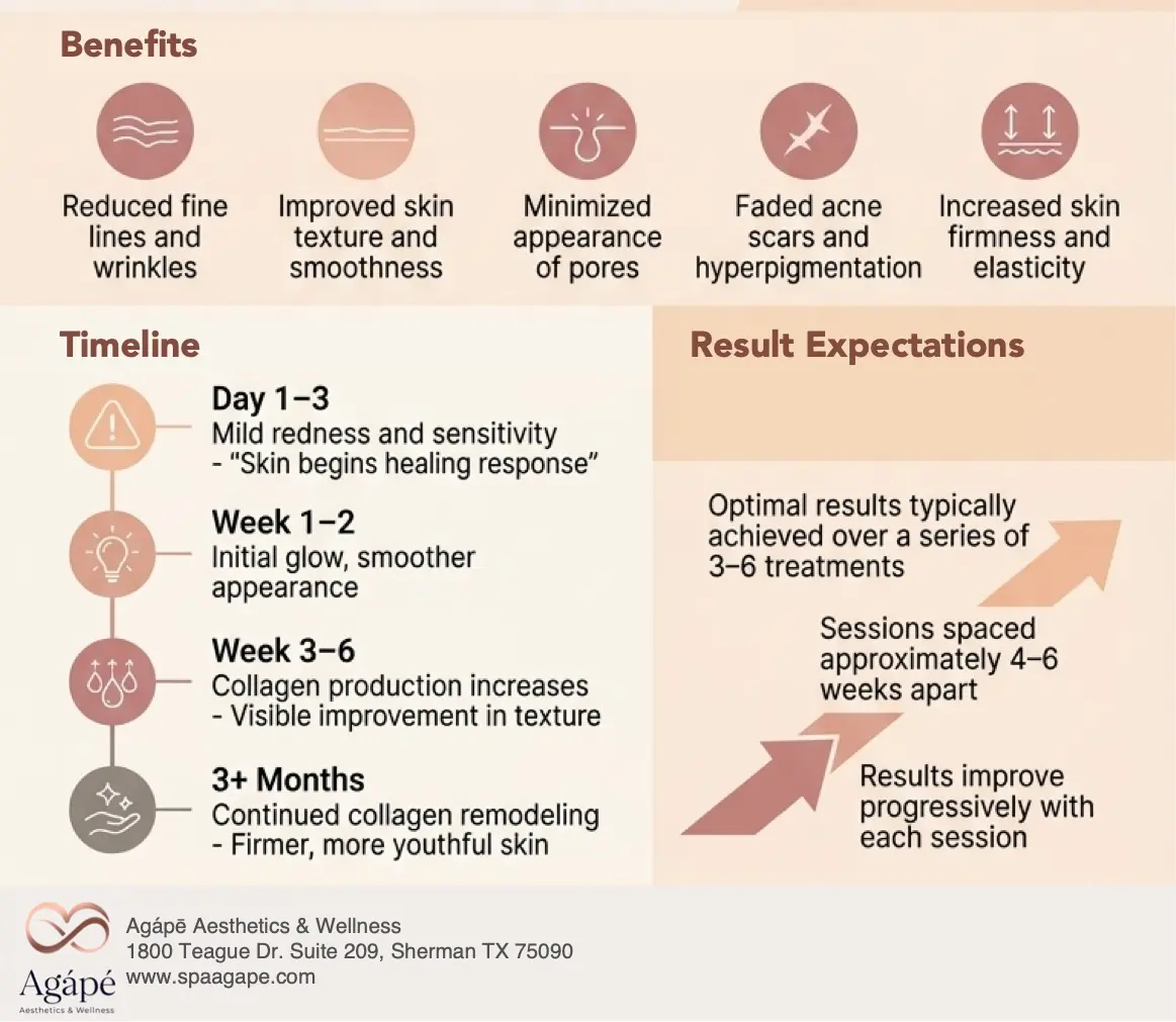 A visual guide outlining the benefits, timeline, and result expectations of a skincare treatment.