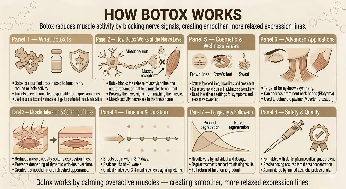An infographic explaining how Botox works to reduce muscle activity and improve expression lines.