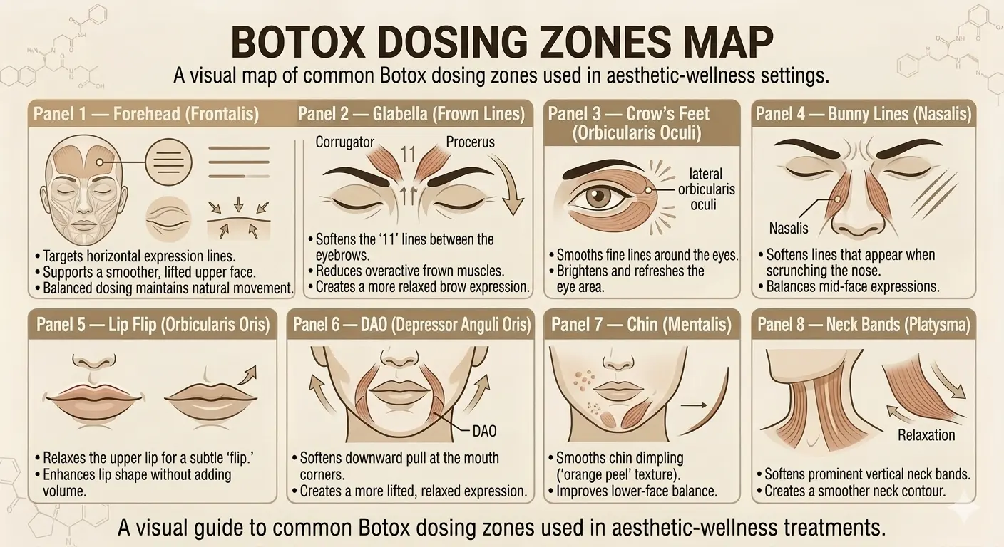 A detailed infographic showing common Botox dosing zones used in aesthetic wellness treatments.