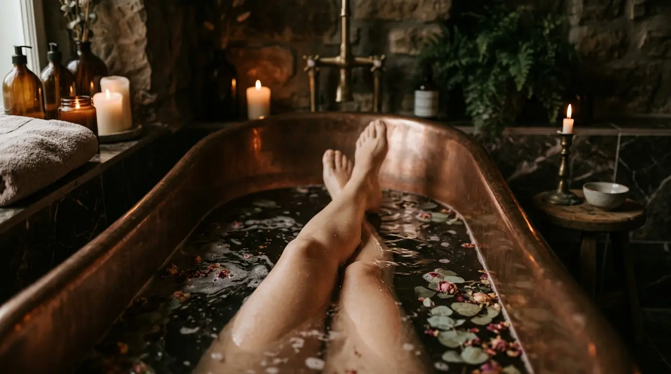 A pair of feet relaxing in a copper tub filled with water and flower petals, enhancing the Brazilian Wax experience.