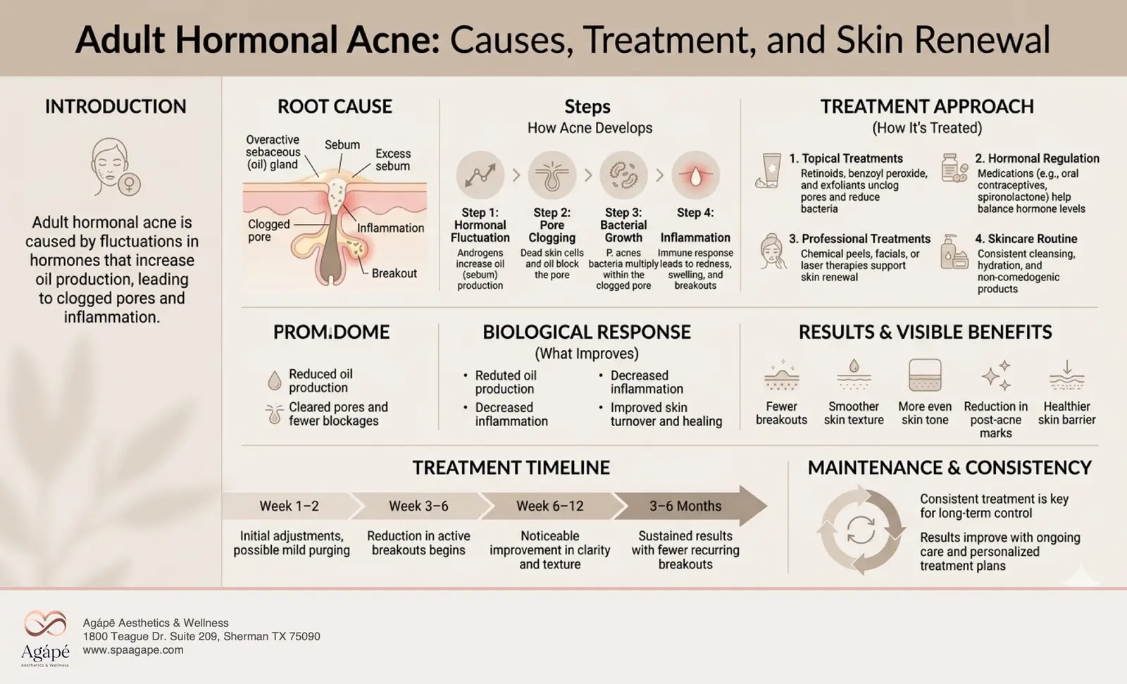 An infographic detailing the causes, treatment, and benefits of adult hormonal acne.